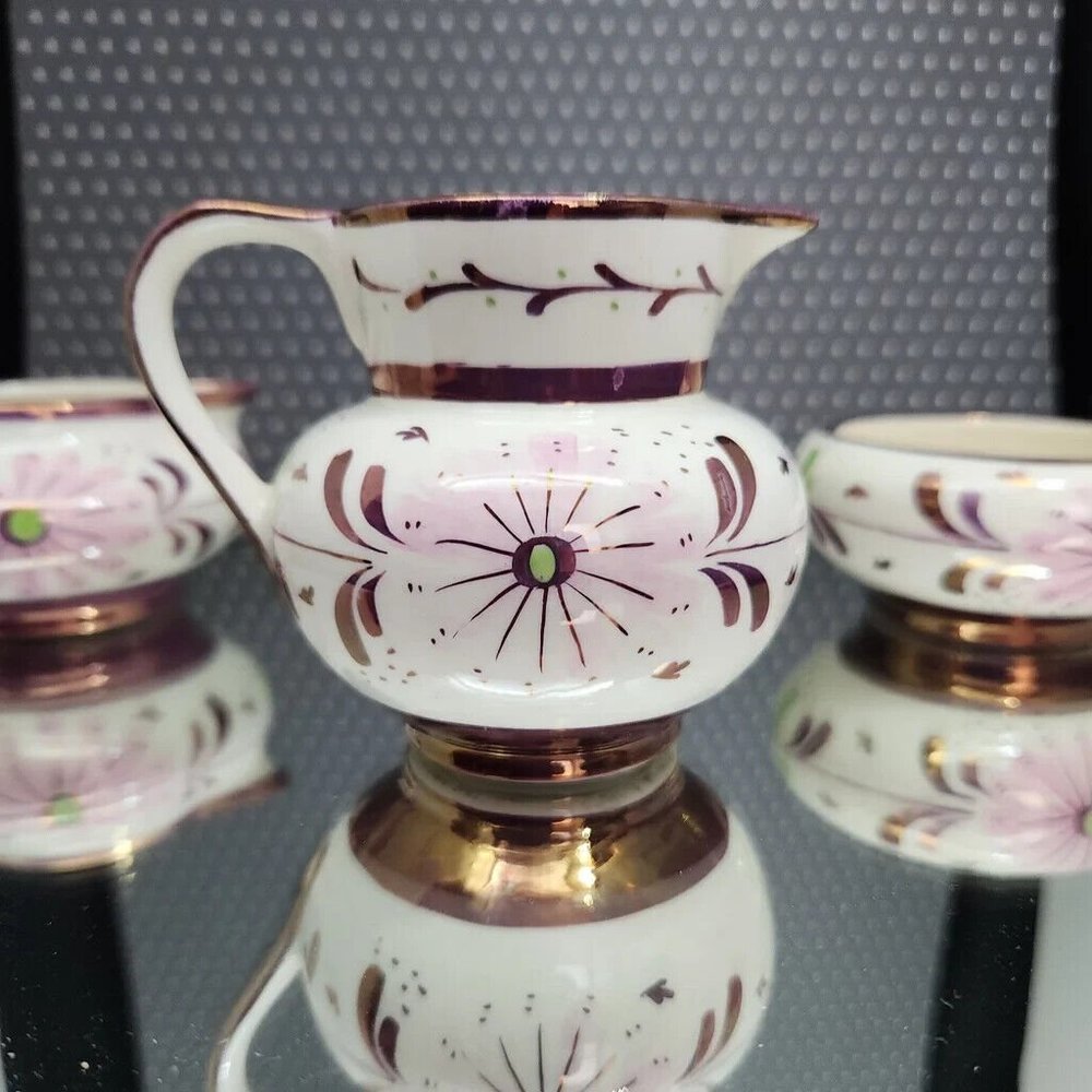 OLS1 by Old Castle Lusterware Creamer and Sugar Set, Purple and Pink, England - Picture 2 of 12
